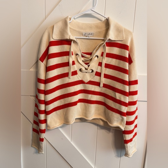 Marled Tops - Marled Cream and Red Knit Sweater Tie Front Women Sweater Longer Cropped Length